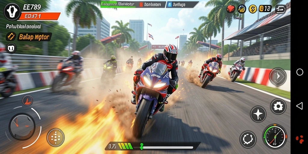 Screenshot antarmuka utama game Balap Motor EE789 dengan tampilan menawan.