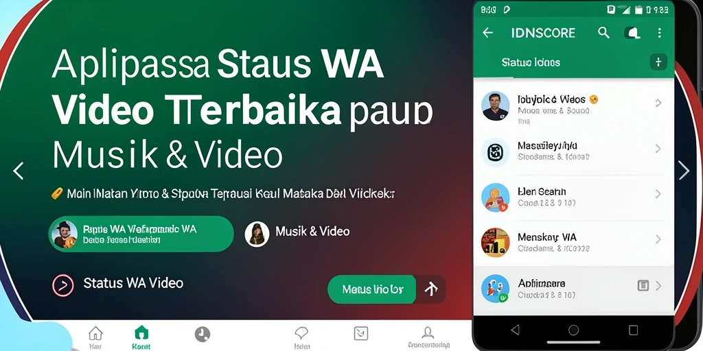 Antarmuka aplikasi IDNSCORE dengan video menarik untuk Status WA.